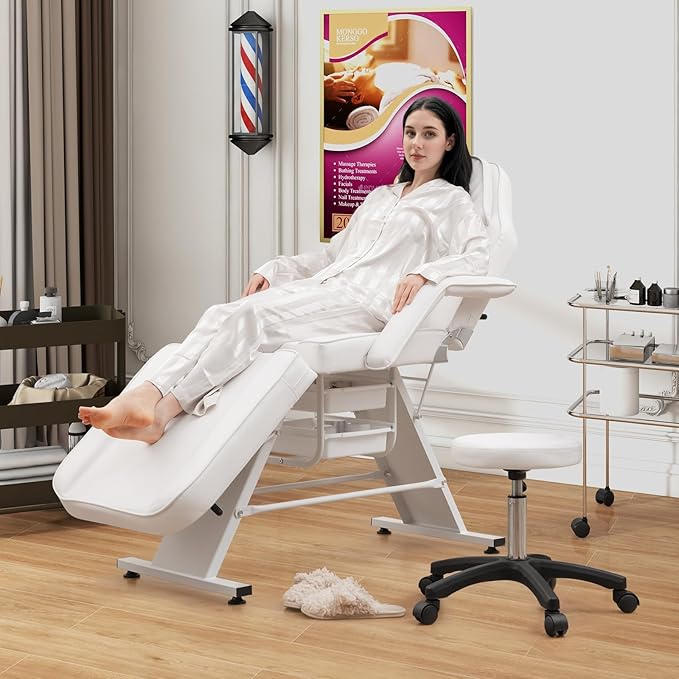 Giantex 72" Massage Bed with Hydraulic Stool, 3-Section Tattoo Chair with Adjustable Backrest, Legrest & Storage Boxes, Facial Chair for Professional Massage Lash Beauty Treatment Spa (White)