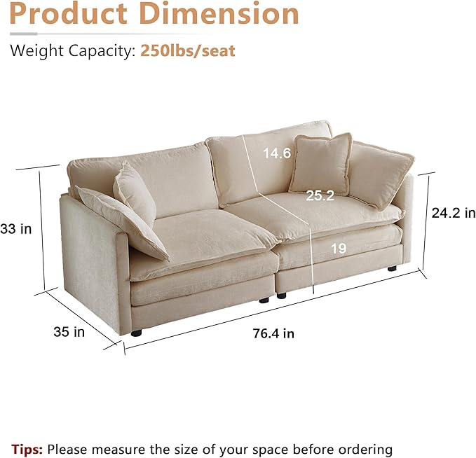 mikibama Luxury Loveseat Sofa Couch, 76" Modern Chenille Deep 2-Seater Cloud Couch with 2 Armrest Pillows and 2 Toss Pillows, Love Seat for Living Room Bedroom Office Apartment, Light Coffee
