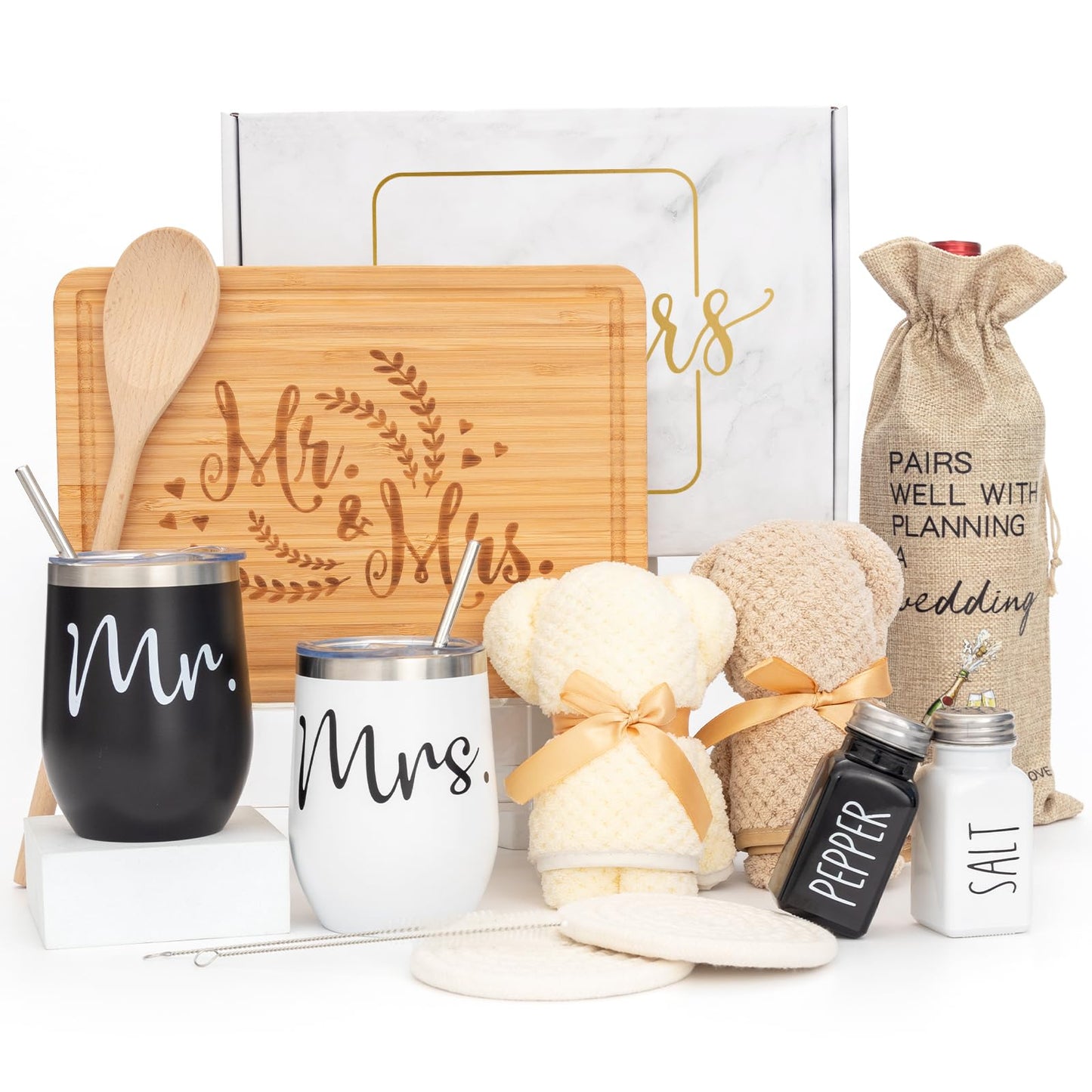 Wedding Gifts for Couple (11 Piece Set), Cool Engagement Baskets for Newlywed, Unique Mr and Mrs Box for Bride and Groom, Bridal Shower Gift for Bride To Be, His and Hers, Just Married