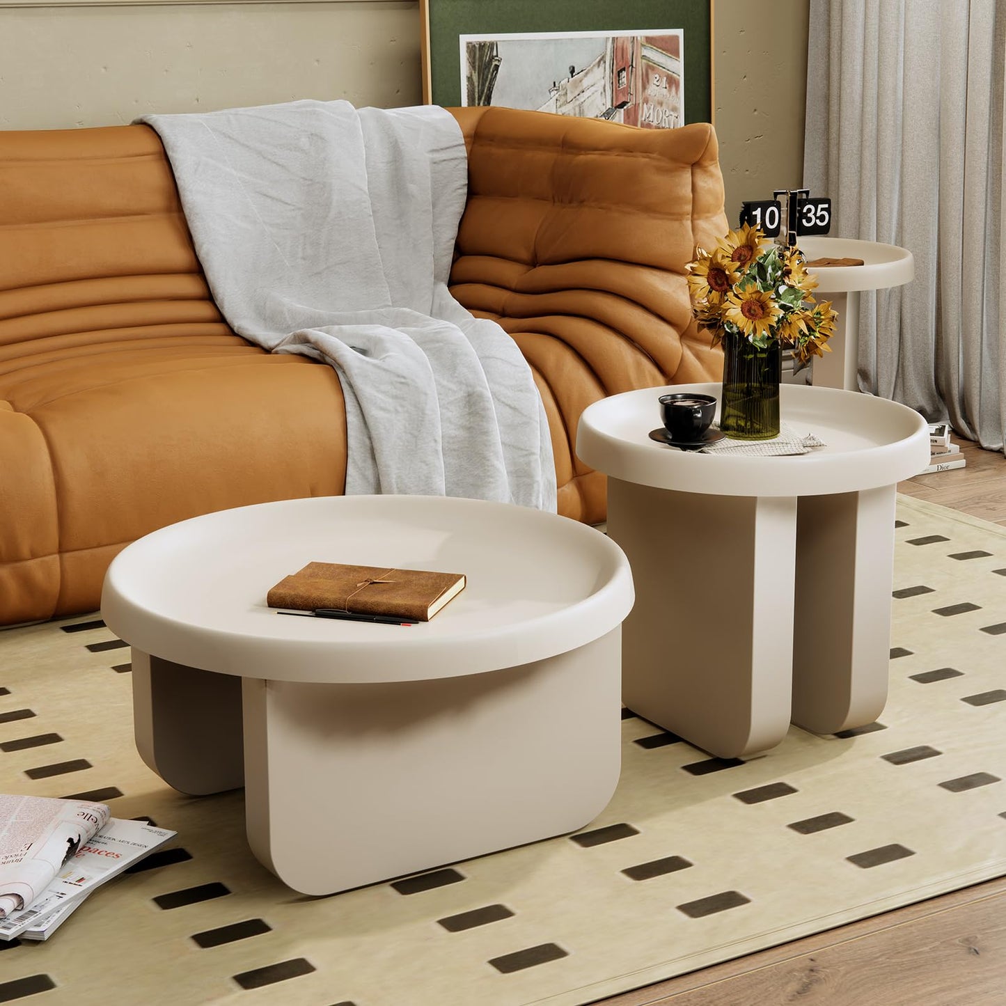 BUZUEY White Round Coffee Table, Modern Metal Center Table, Unique Circle Design for Living Room, Nested Design with Large and Small Tables