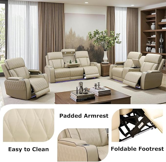 Toseslo Power Recliner Sofa and Loveseat Set, Beige Leather Reclining Sofa Sectional Couches with Drop-Down Table, Living Room Furniture, Reclining Sofa with Cup Holders/Storage Console for House