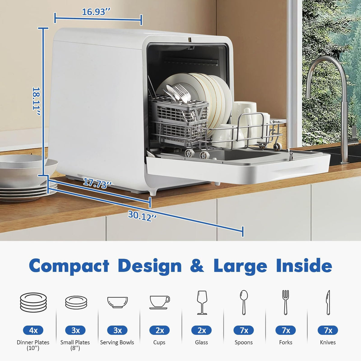 TROPOW Portable Dishwasher Countertop Compact Dishwashers with 5L Built-in Water Tank, Mini Tabletop Dishwasher with 6 Modes, 162°F High-Temp, Air-Dry Function, Faucet & Self-Priming Water Inlet Modes