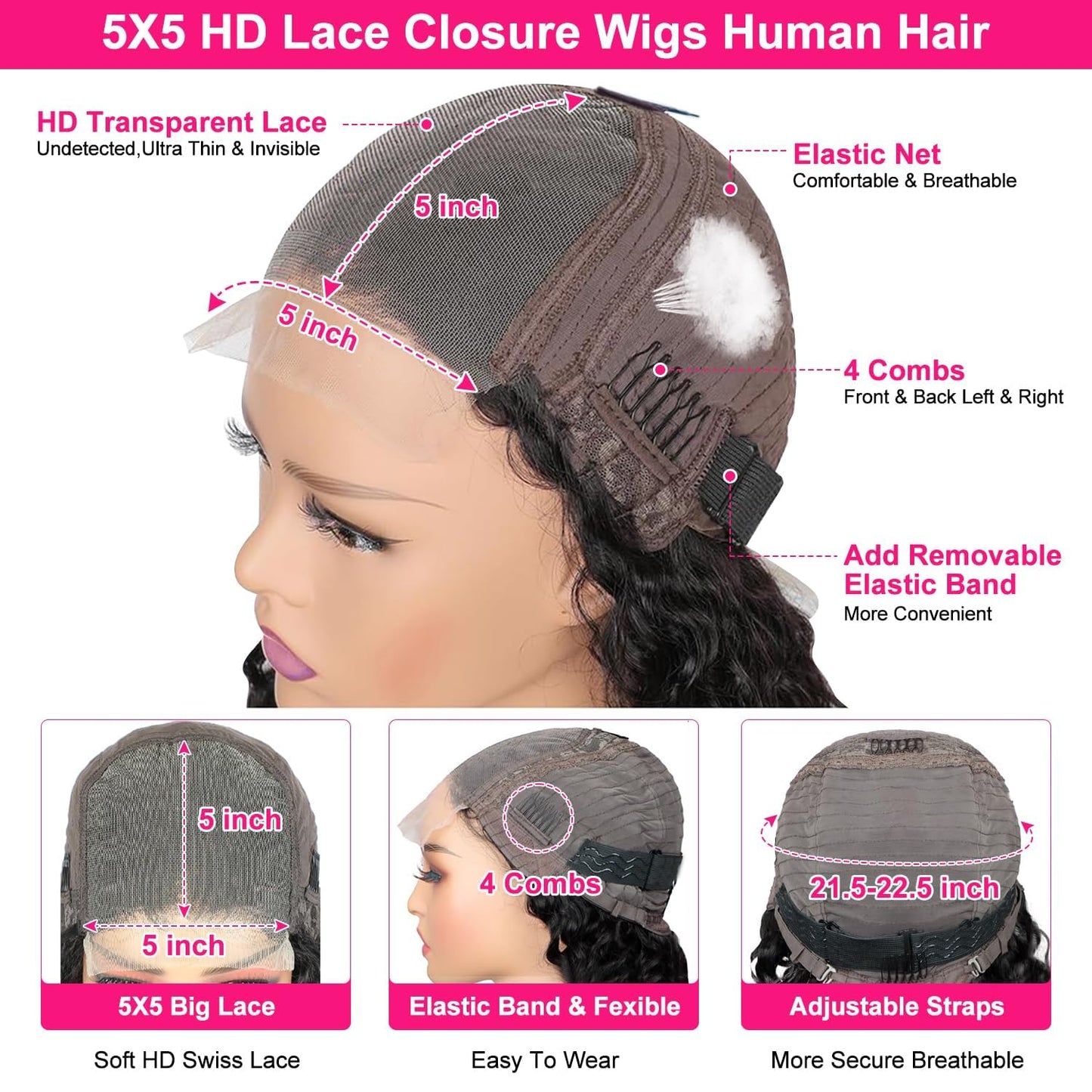 5x5 Hd Lace Closure Wigs Human Hair Highlight Deep Wave Closure Wigs Human Hair for Women Honey Blonde Wig Human Hair Pre Plucke