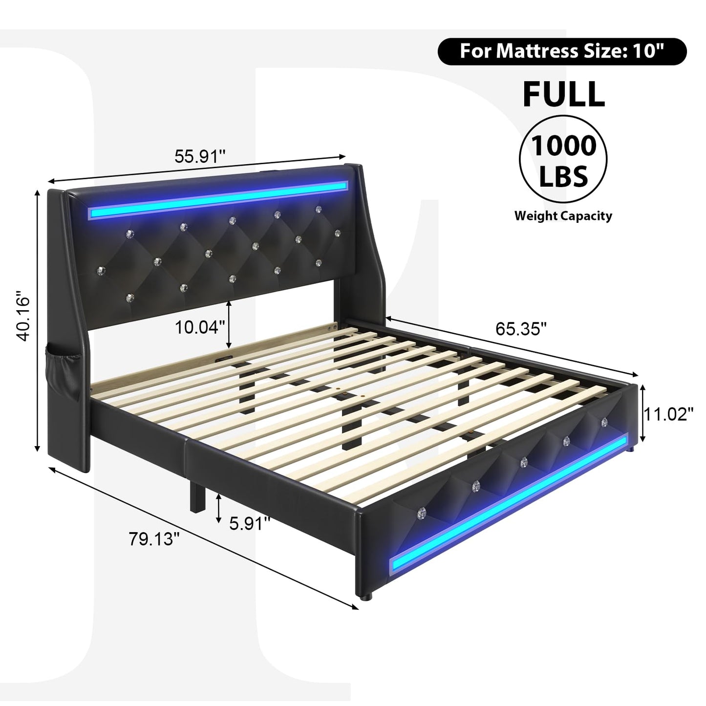 E-Motie Full Size Bed Frame with Wingback Upholstered Diamond Tufted Storage Headboard, LED Lights and Charging Station, Solid Wood Slats, Noise-Free, Easy Assembly, No Box Spring Needed, Black