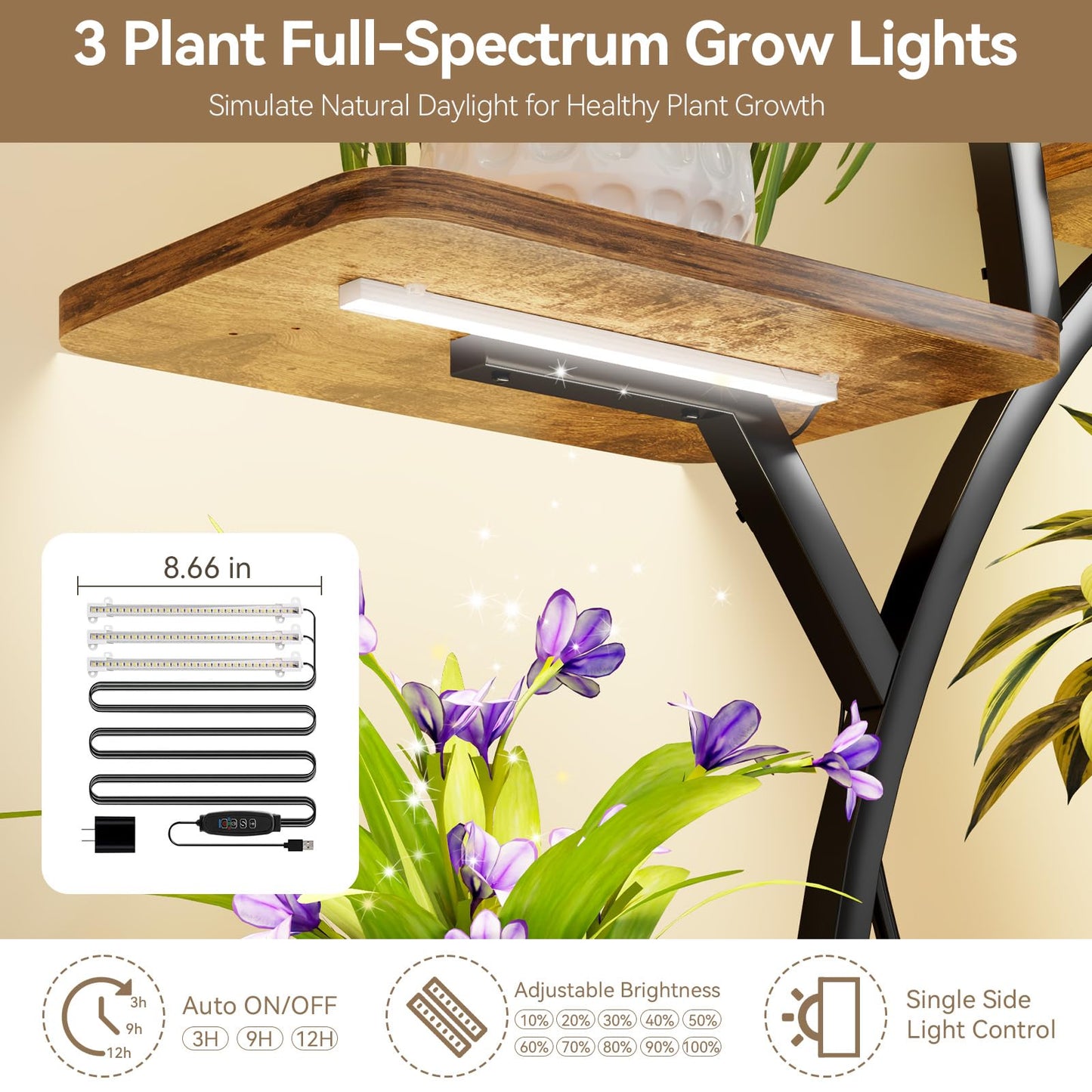 CYXPHION C3 Plant Stand Indoor with Grow Lights, 8 Tiered 62.2" Tall Plant Stand, Corner Large Metal & Wood Plant Shelf, S-Shaped Plant Display Shelves for Living Room, Patio, Outdoor