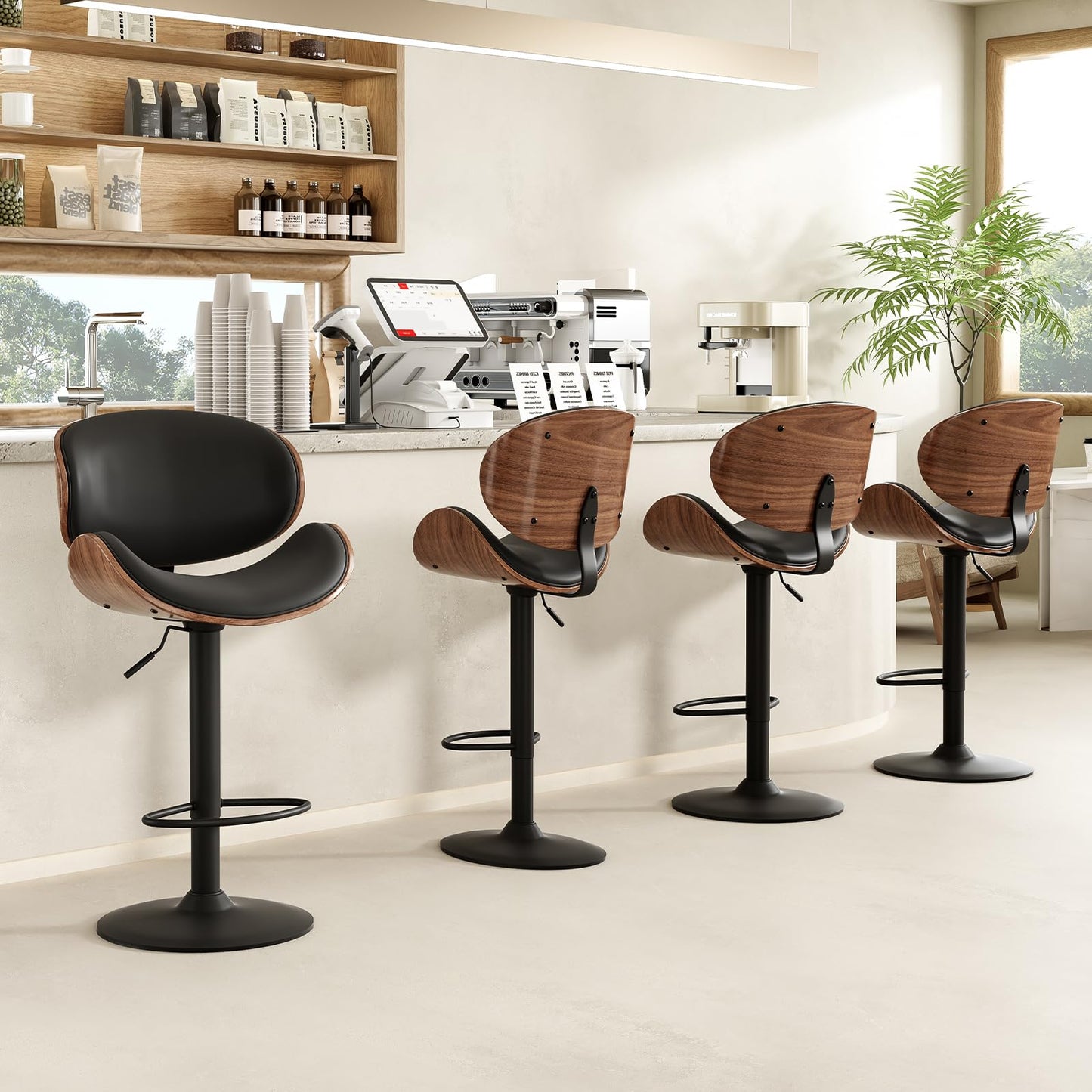 Farini Swivel Bar Stools Set of 2 Adjustable Height Bentwood Barstools with PU Leather Upholstered Seat, Backrest and Footrest,Modern Kitchen Counter Chairs for Bar, Dining Room,Black