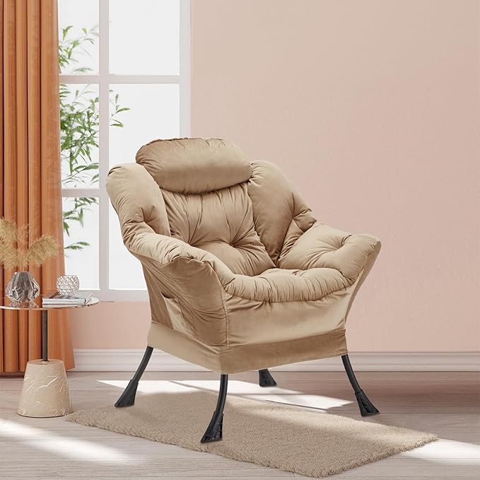 Youtanic Lazy Chair Thick Padded, Comfy Velvet Accent Lounge Chair with Stable Frame, Leisure Sofa Armchair with Armrests and Side Pocket, Reading Chair for Bedroom, Living Room, Office, Khaki