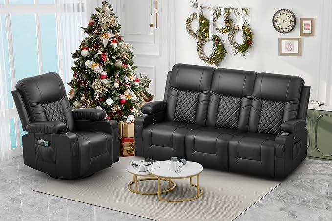 FURNIMAT Recliner Sofa Set with 3+1 Pieces in Living Room, 3 Seater Reclining Sofa with USB Ports, Cell Phone Holders, 1 Recliner Chair with Vibration Massage and Heat Single Sofa Seat, Bedroom, RV