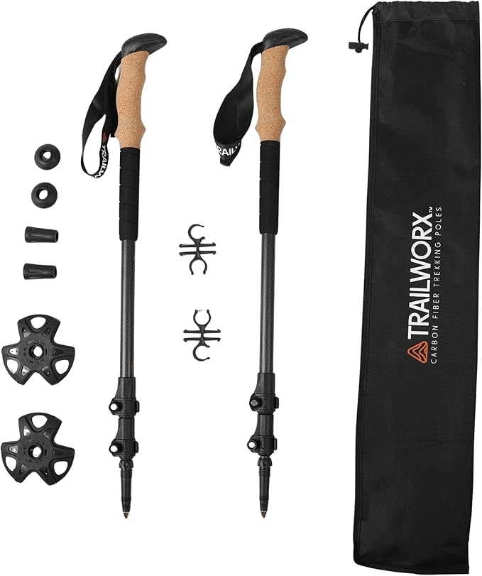 TRAILWORX 3K Carbon Fiber Collapsible Hiking Poles, Adjustable Trekking Poles for Hiking, Walking Sticks with Cork Handle,...