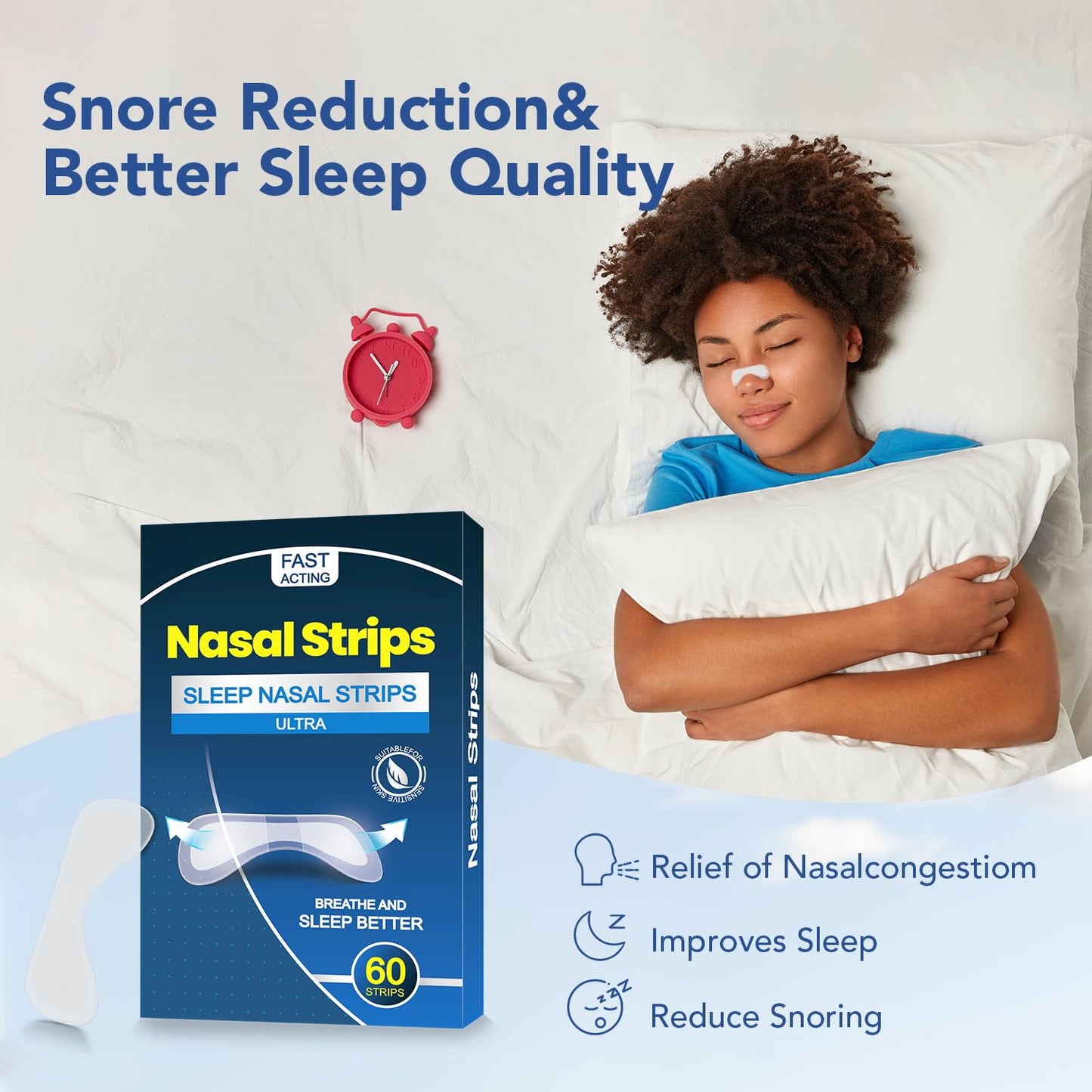 60 Pcs Nasal Strips for Snoring - Extra Strength Nose Strips for Breathing with Strong Adhesion - Sweat Resistant Design for All Day Use - Improves Sleep and Workout Performance - Clear