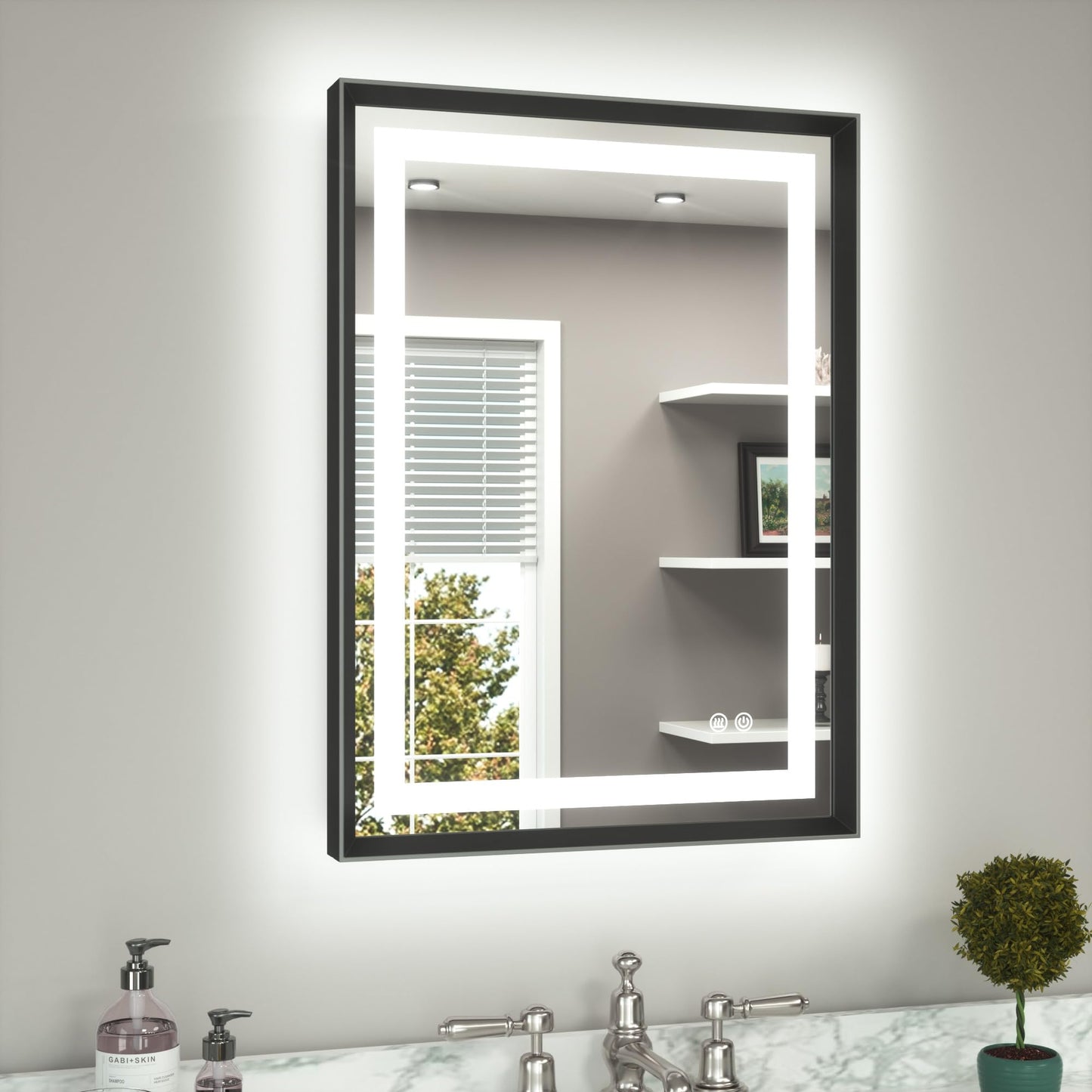 TETOTE 22 x 30 Bathroom LED Mirror Brushed Black Metal Frame Frontlit & Backlit Vanity Mirror Anti-Fog Stepless Dimmable 3 Colors White/Warm/Natural Mirror with Lights Wall-Mounted