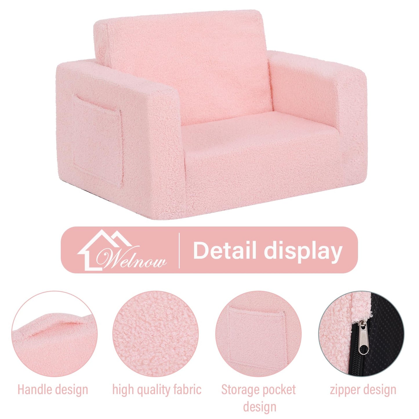 Welnow 2-in-1 Kids Sofa Chair, Convertible Toddler Chair Flip Out Children Sofa Chair Folding Kids Play Sofa with Side Pockets & Removable Cover Armrest Chair for Girl or Boy