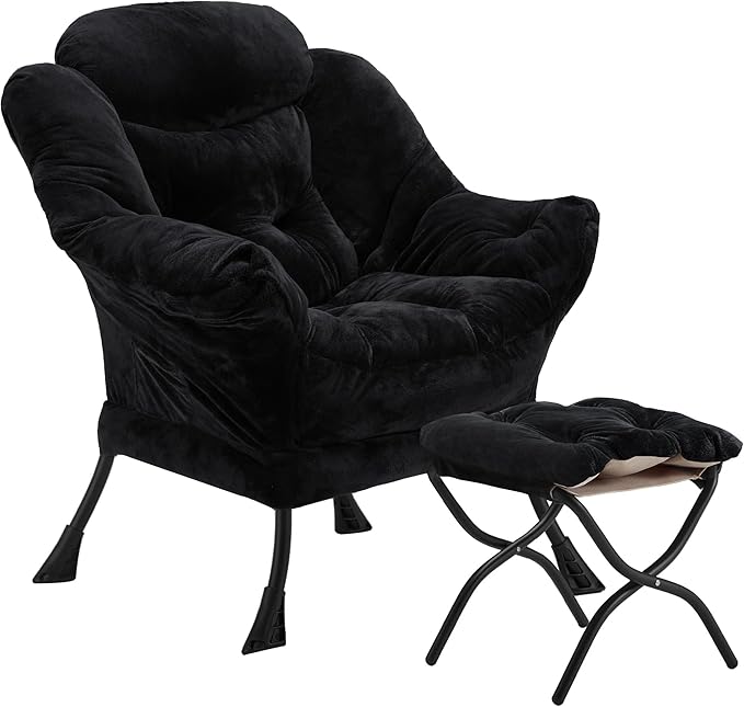 Youtanic Lazy Chair with Folding Ottoman, Accent Chair Plush Upholstered with Metal Structure and Non-Slip Pads, Sofa Armchair with Footrest and Side Storage Bag for Dorm, Room, Office, Black