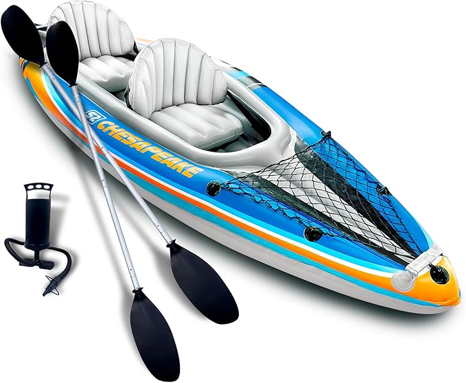 Sunlite Sports 2-Person Inflatable Kayak with Aluminum Oars (136" x 33"), High Output Air Pump and Storage Bag, Double Tan...