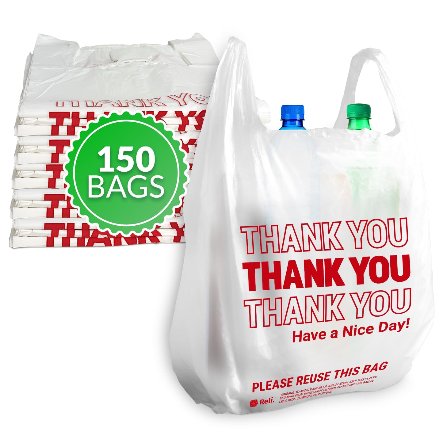 Reli. Thank You Plastic Bags | 150 Pack | (11.5" x 6.5" x 21"), White | Plastic Bags with Handles | Ideal for Grocery, Shopping, Food Take Out, Restaurants, Small Business