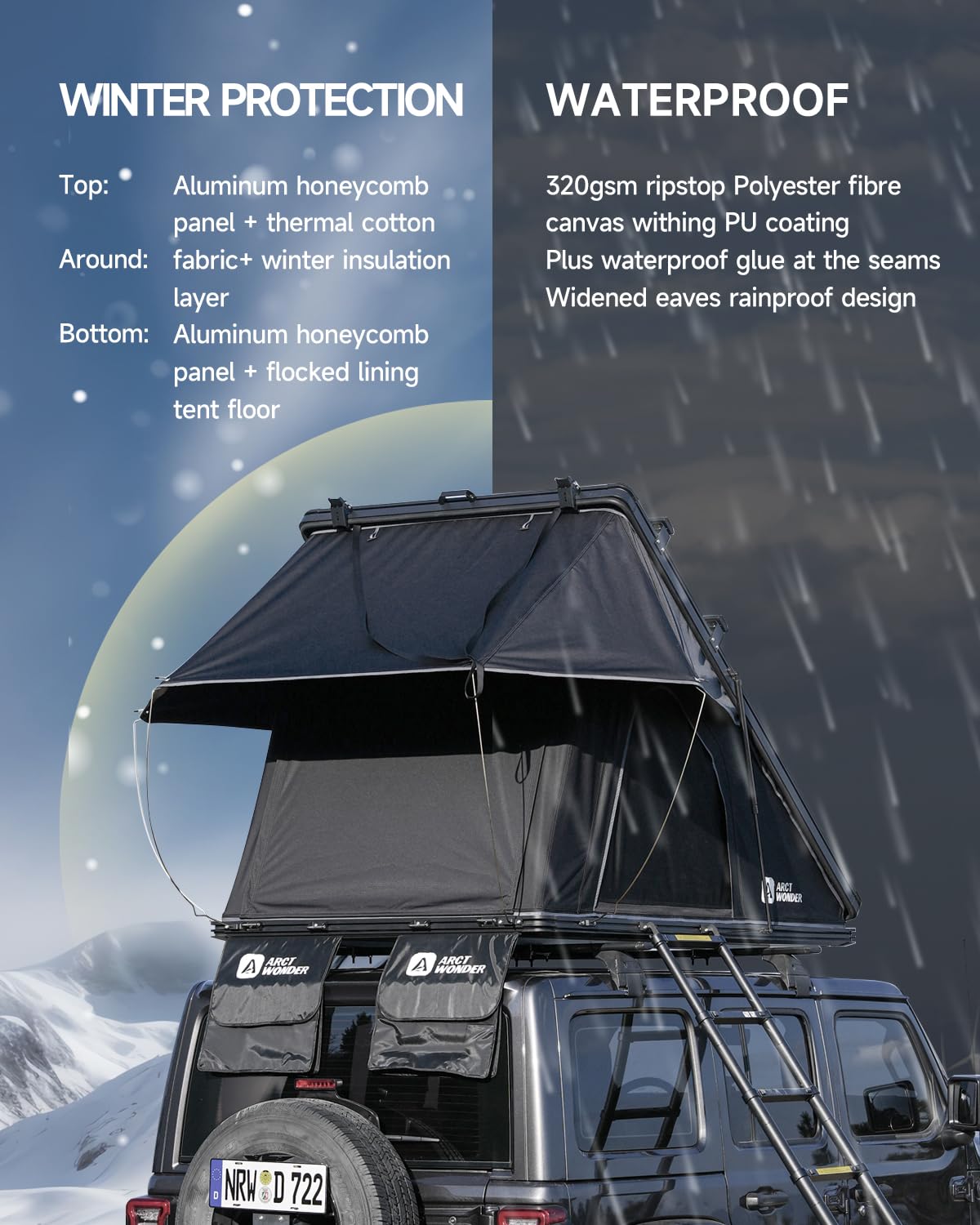 Arctwonder Rooftop Tent Hard Shell with Winter Thermal Layer,Roof top Tent Hardshell Suitable for Jeep SUV Truck Van,Camping Car 2 Person