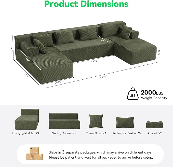 MONVANE 141'' Modular Sectional Sofa, PRO Version U-Shape Boneless Couch, Oversized Deep Seating Cloud Couch, No Assembly, High-Resilience Foam, Soft Corduroy Fabric, for Living Room Apartments Green | Convertible