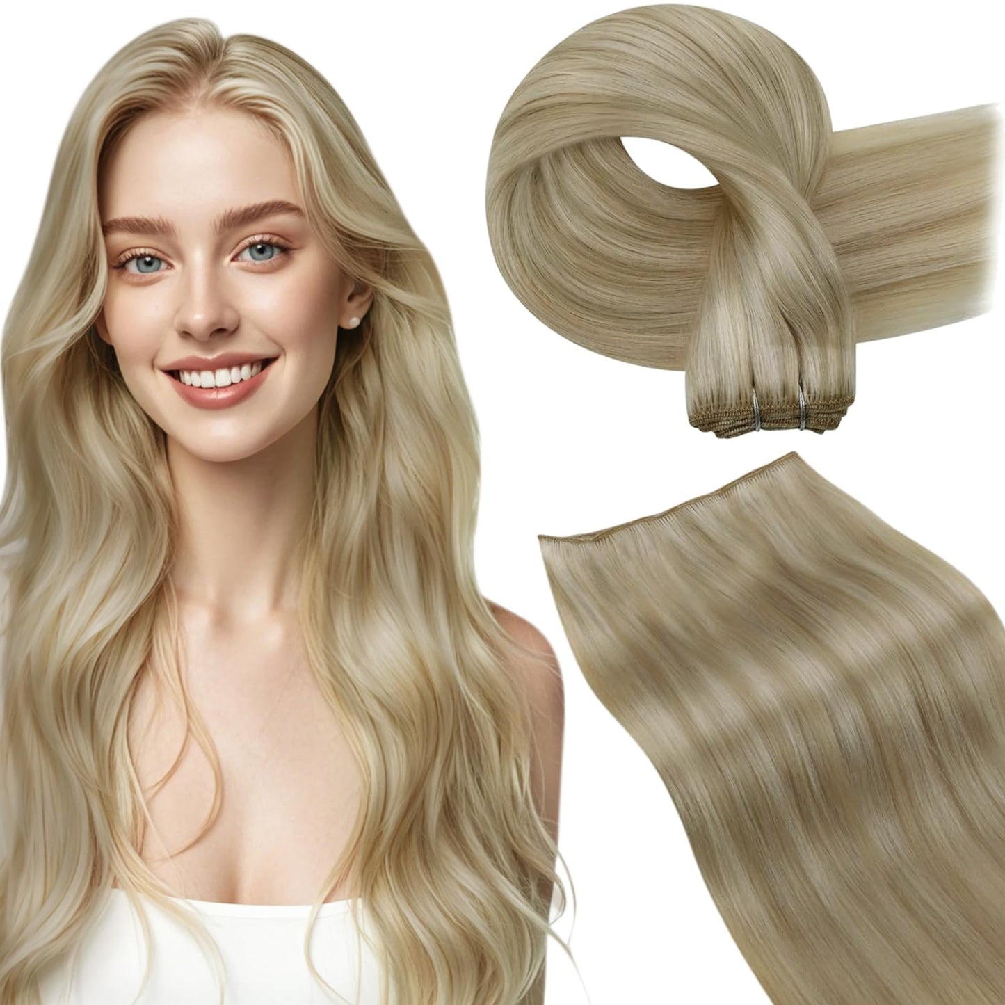 LaaVoo Sew in Hair Extensions Real Human Hair Short Weft Hair Extensions Sew in Blonde Human Hair Weft Extensions Gloden Brown H