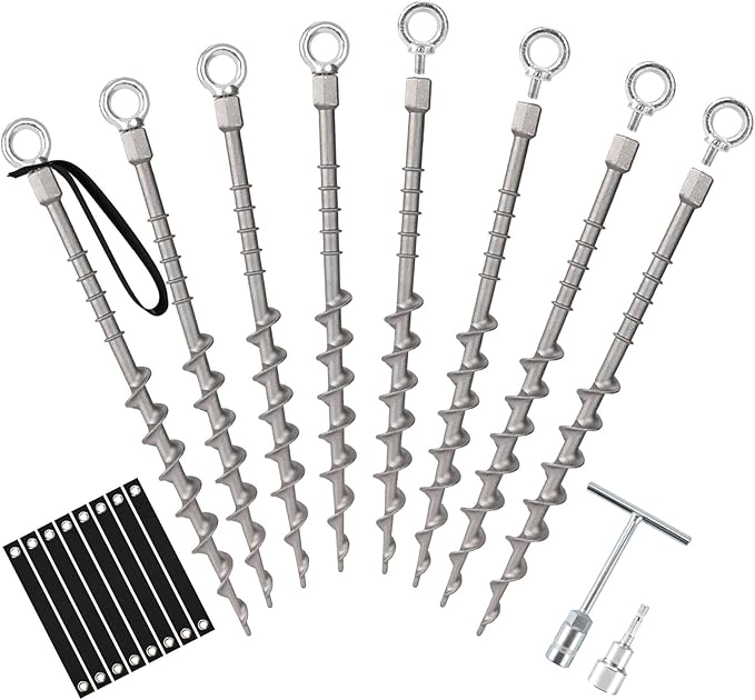Keltrion 8 PCS Screw in Tent Stakes for Women Men Ground Anchors for Sand, Trampolines, Camping - Aluminium Heavy Duty Rust Prevention Pegs Spikes Drillable Threaded Anchor Stake - Silvery 14 inch
