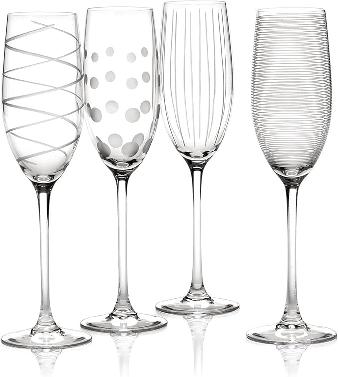 Mikasa Cheers Crystal Champagne Flutes Set, 4 Piece, Champagne Glasses with Quirky Designs, 250ml, White
