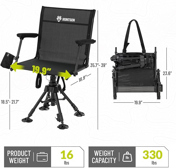 HUNTSEN 360° Silent Swivel Hunting Chair for Blinds - Stable Portable Ground Blind Chair Adjustable 4 Legs & Seat Height Folding Outdoor Fishing Seat with Anti-Sink Feet Armrest - Supports 330lbs