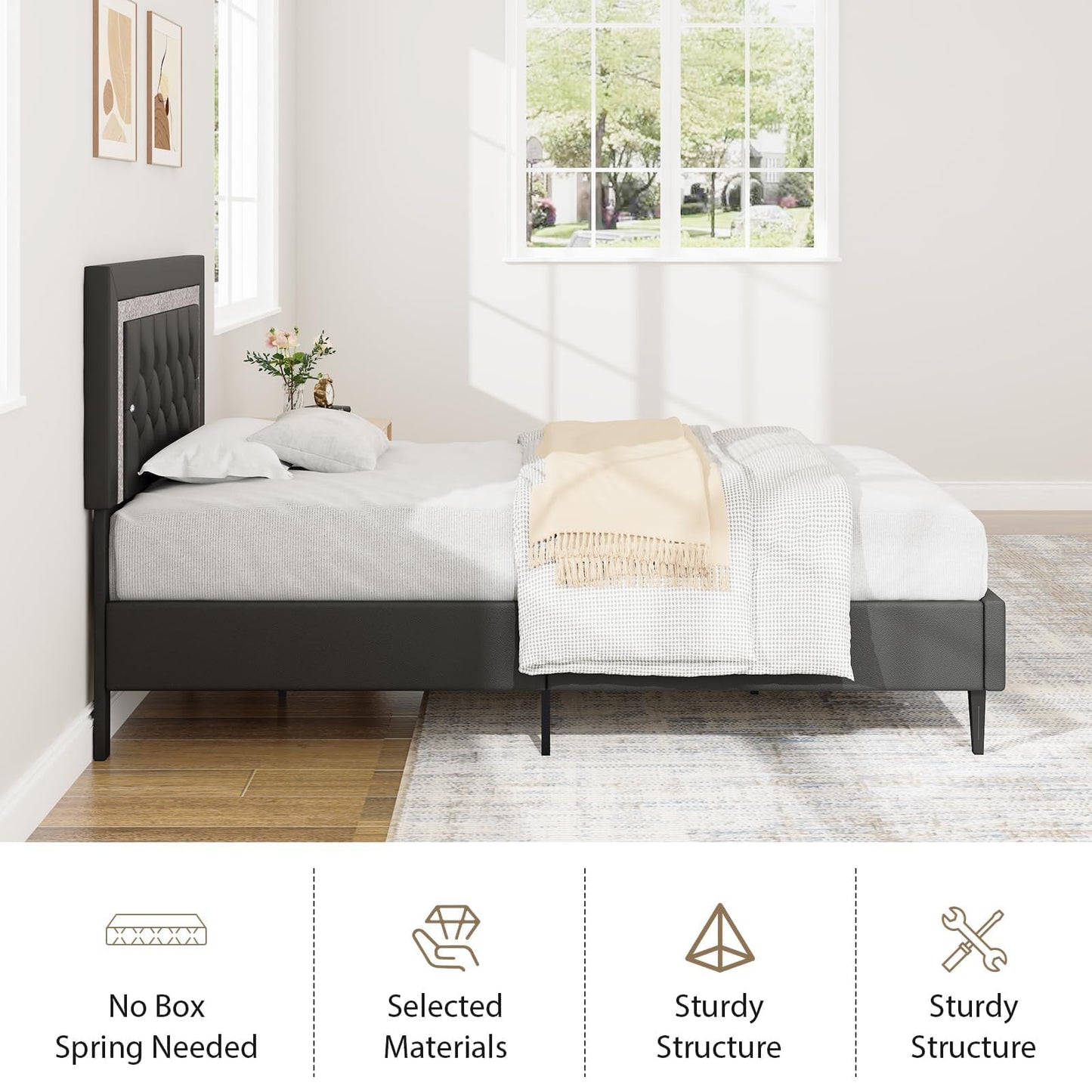 Twin Bed Frame with Tufted Button Headboard, Upholstered Platform Bed Frame with Diamond Design, Wood Slat Support, No Box Spring Needed, Easy Assembly, Black