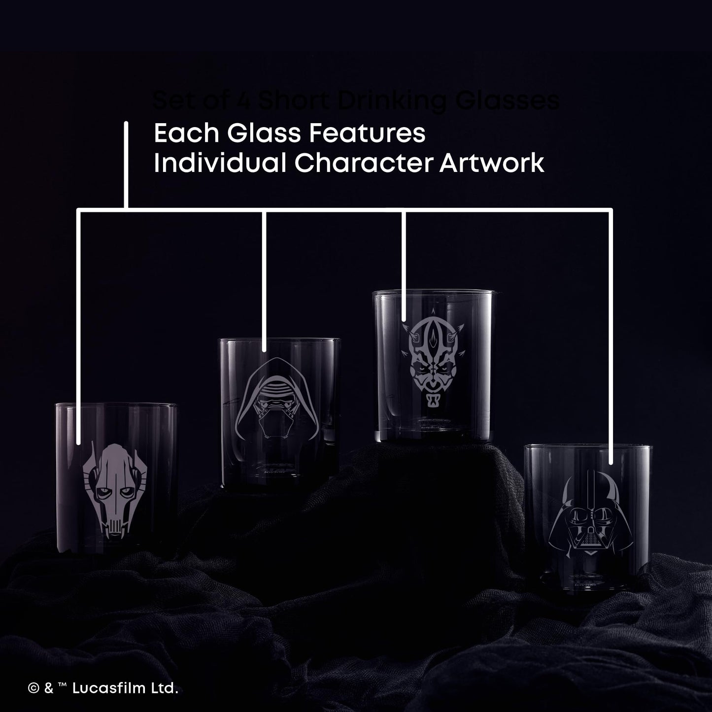 JoyJolt Star Wars Dark Side Drinking Glasses Set of 4, 14oz Short Glass Cups, Lowball Glass Tumbler Set ft Darth Vader Darth Maul Kylo Ren and General Grievous, Star Wars Stuff