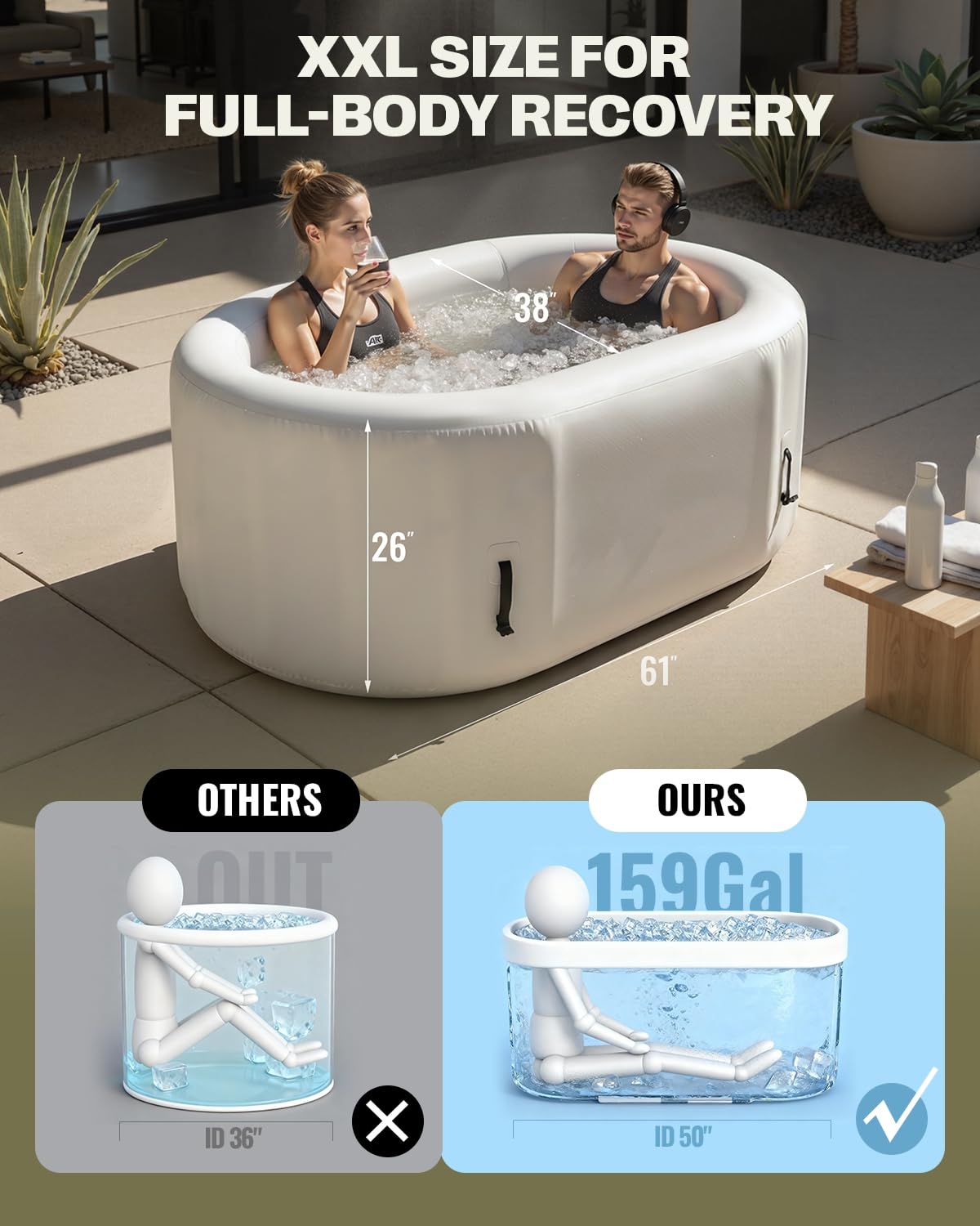 SWRORDAWN Upgrade 179 Gal XXL Ice Bath Tub Fits Tall 6'7" Athletic,Water Chiller Compatible Cold Plunge Tub for Recovery,5-Layer Portable Inflatable Ice Bathtub with Lid for Indoor Outdoor Use,Black