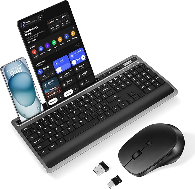 Wireless Keyboard and Mouse Combo, Full Size Ergonomic Keyboard with Wrist Rest and Phone Holder 2.4G USB & Type-C Quiet Keyboard Silent Mouse for Computer Laptop Windows Mac iOS
