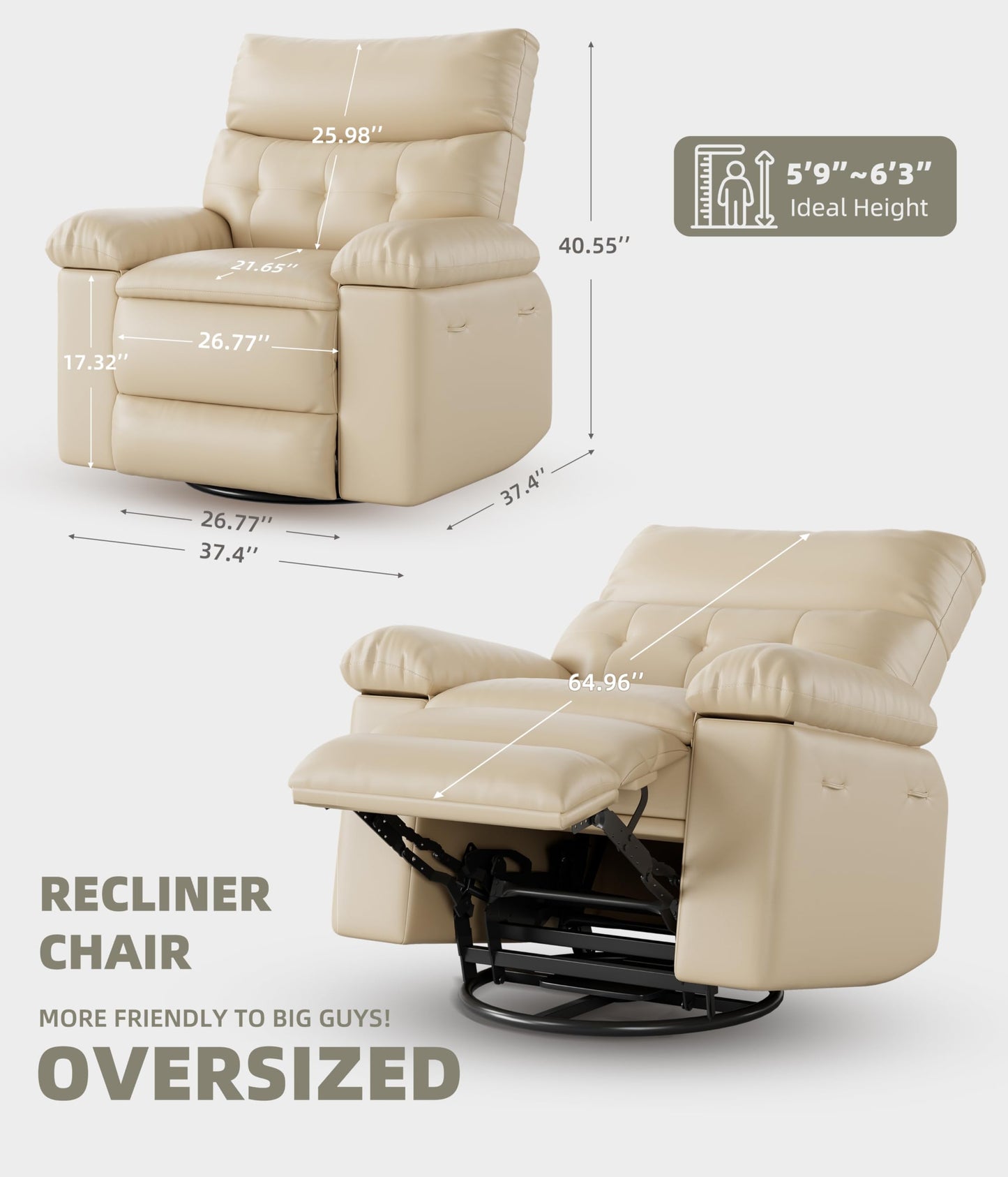Swivel Rocker Recliner Chair, Massage Recliner Chair with Heat, 360° Swivel PU Leather Manual Recliner for Adults, Long Sitting Fatigue Relief and Shoulder Neck Relaxation, Beige