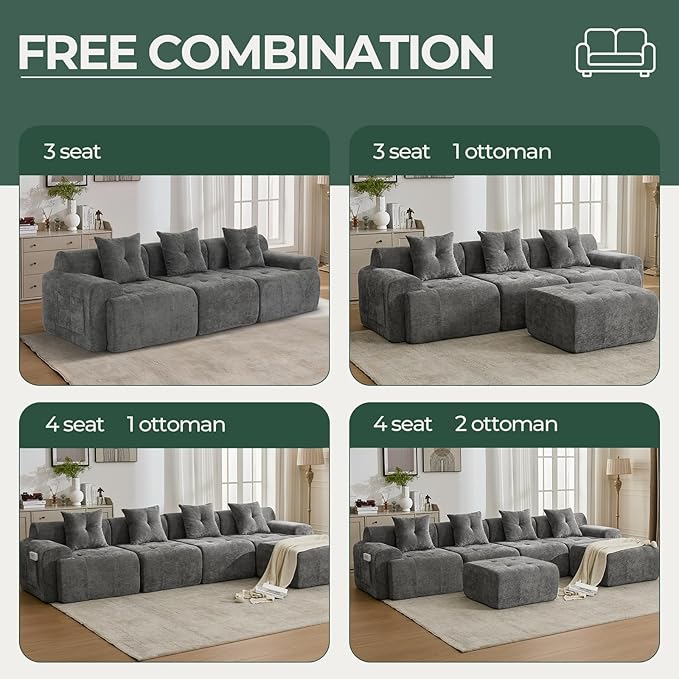 YAAREE 129.23”Modular Sectional Couch for Living Room, Modren L-Shape Cloud Sectional 4-Seater Sofa with Movable Ottoman, Woven Texture Upholstery Boneless Couch, No Assembly, Grey