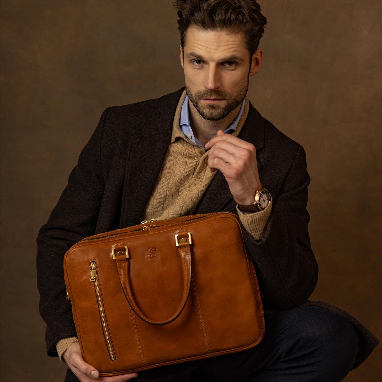 Time Resistance Leather Laptop Briefcase - Full Grain Leather Computer Bag for Men and Women (Cognac Brown)