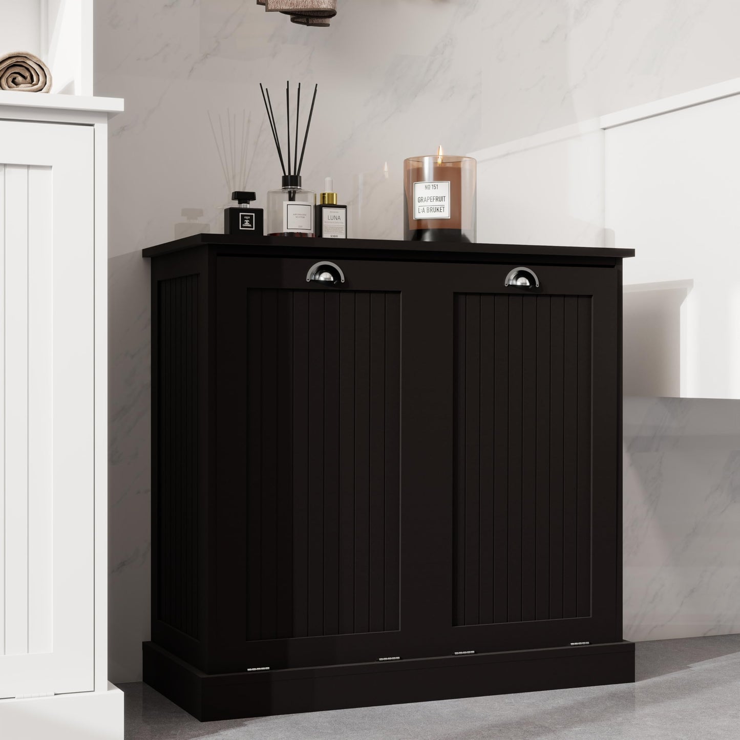 agnixnaf Laundry Sorter Cabinet, Two-Compartment Tilt-Out, Black Storage Cabinet, for Small Bothroom