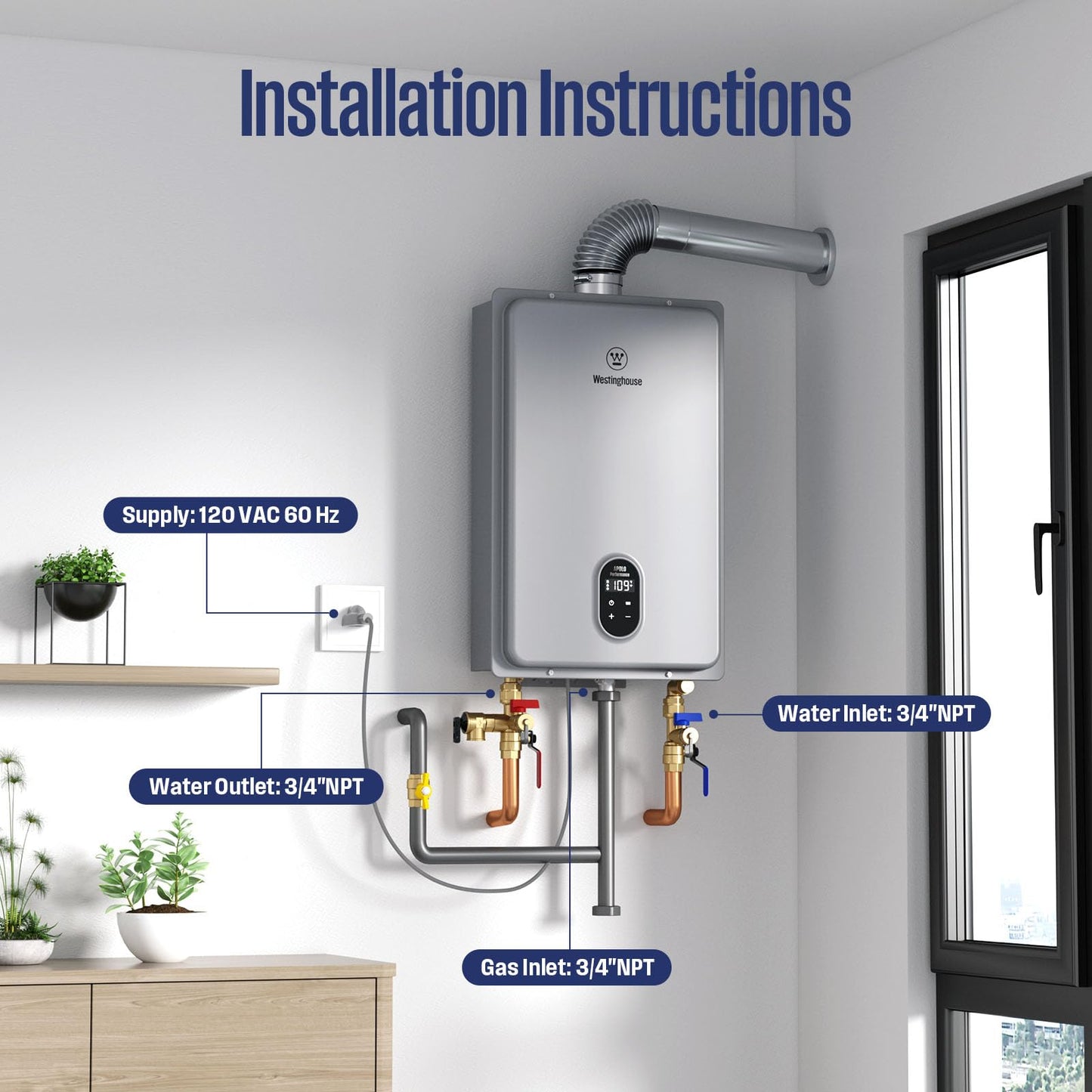 Westinghouse Smart Tankless Water Heater Natural Gas Indoor, 5.1 GPM 120,000 BTU Whole Home Instant Hot Water Heater, WiFi App Control, ±1°F Temperature Stability, Non-Condensing for 2-4 Fixtures