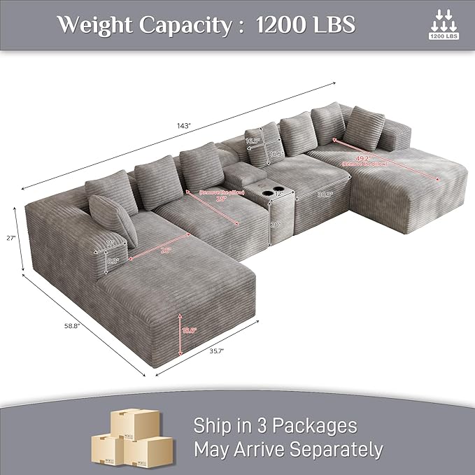 Modular Sectional Sofa with USB Cup Holders Storage, 143" U Shaped Cloud Couch Plush Corduroy Deep Seat Boneless Sofas with Double Chaise Lounge Sectional Couches Memory Foam for Living Room - Grey