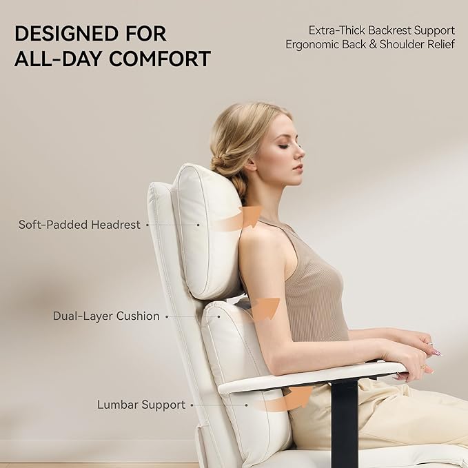 OKUP Reclining Office Chair with Adjustable Headrest and Footrest, 170° Ergonomic Comfortable Office Chair Zero Gravity, Leather Executive Home Office Desk Chair (Cream)
