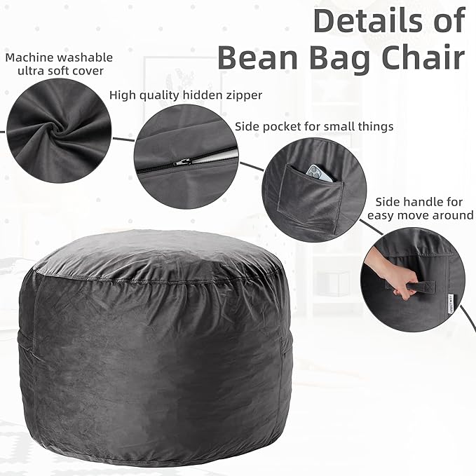 HABUTWAY Bean Bag Chair 3Ft Luxurious Velvet Ultra Soft Fur with High Rebound Memory Foam Bean Bag Chairs for Adults Plush Lazy Sofa with Fluffy Sponge 3' (Grey)
