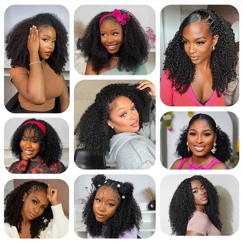 Fuduete 16 Inch Kinky Curly Half Wig Human Hair 200% Density Wear Go Glueless Wigs Human Hair Curly 3 In 1 Half Wigs for Women Drawstring Seamless Flip Headband Wig Beginner Friendly