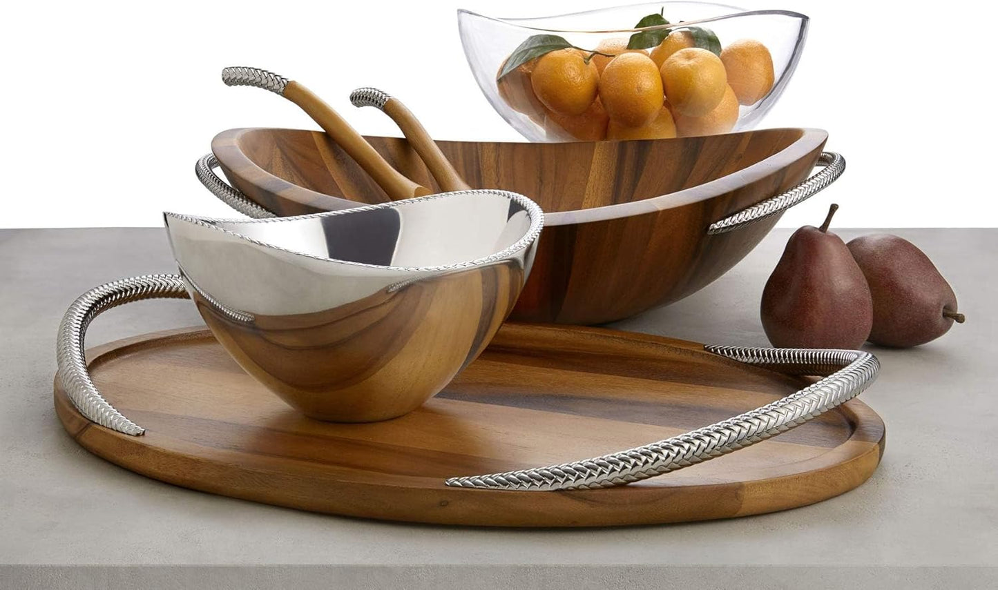 Nambe Braid 12" Glass Salad Bowl with Servers - Chrome Plated Decorative Serving Bowl with 10.5” Stainless Steel Spoons - Modern Dining Table Centerpiece - Ideal Gift for Weddings & Housewarming