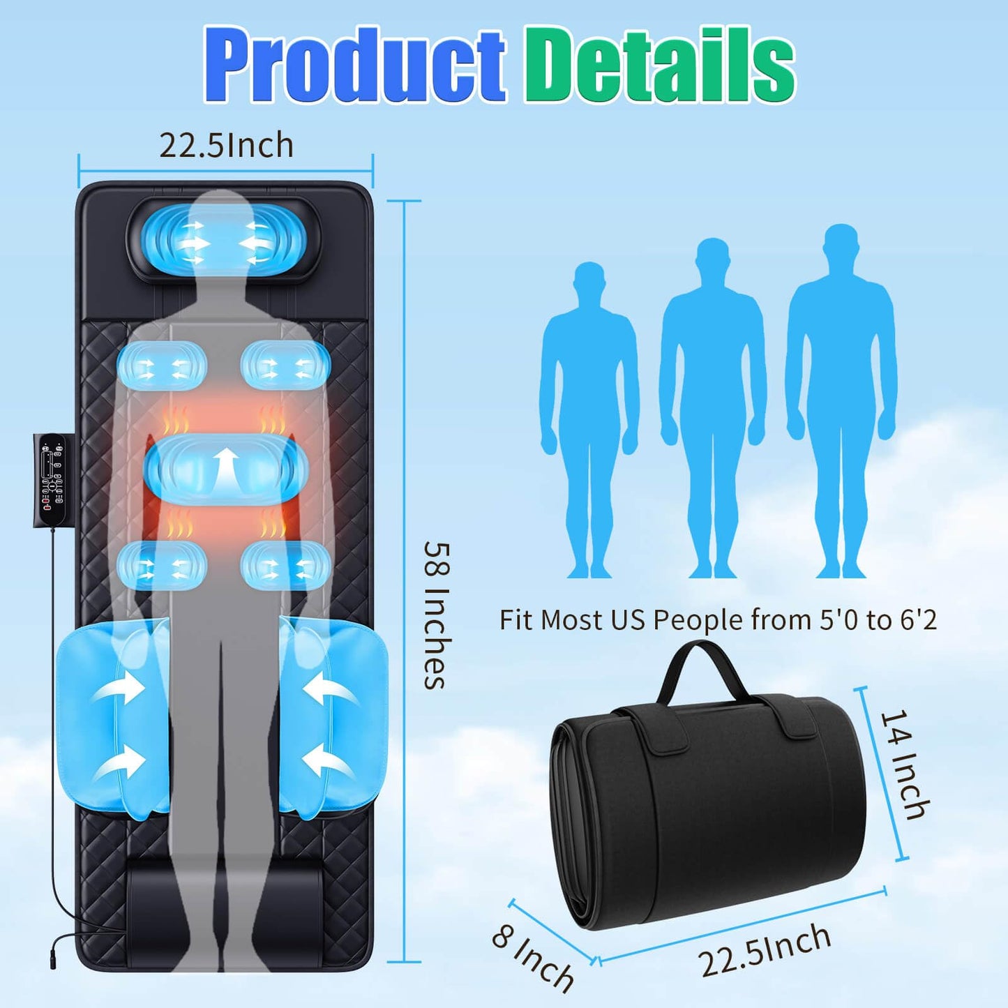 Full Body Massage Mat with Heat, 3D Stretching Back Massager Pad for Bed Sofa Floor, Lumbar & Neck Support, 4 Modes 3 Intensities 3 Heat Levels, Portable & Foldable, PU Leather, Gifts for Mom Dad