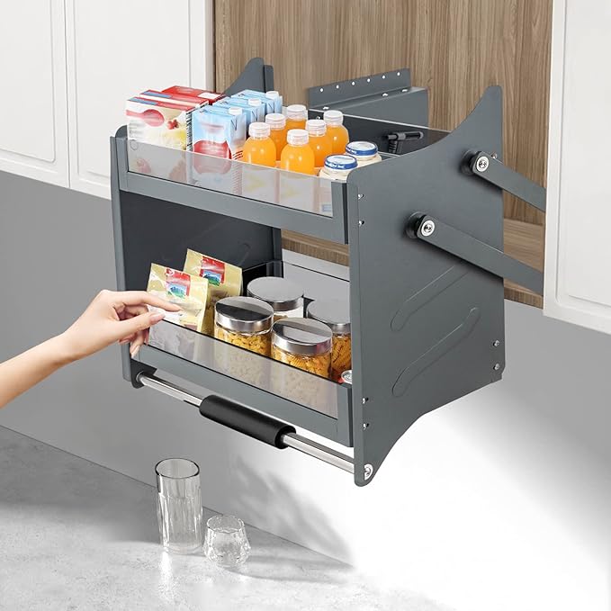 Pull Down Shelf Organizer,Upper Kitchen Wall Cabinet Storage with 3 Adjustable Load,Spice Rack Organizer(24inch Cabinet),Dual Tier Wall Mounted Pantry Storage
