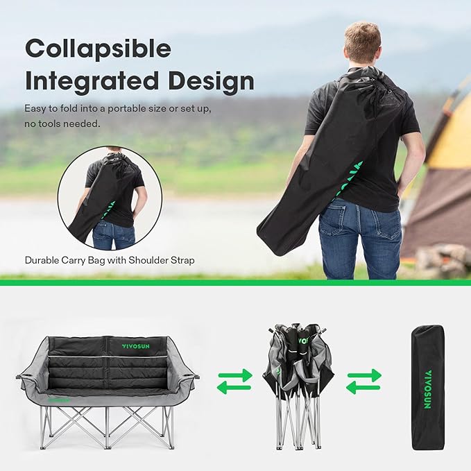 VIVOSUN Double Camping Chair, Fully Padded Folding Loveseat, Oversized Duo Chair with Cup & Wine Glass Holders, Pocket, Armrests & Carry Bag