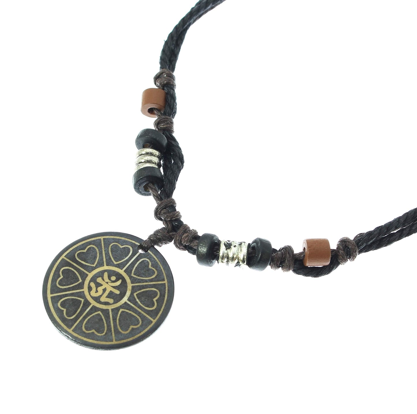 Surfer Cord Necklace With Ying Yang Carved Bone Pendant - Fully Adjustable - Black & Brown Cord