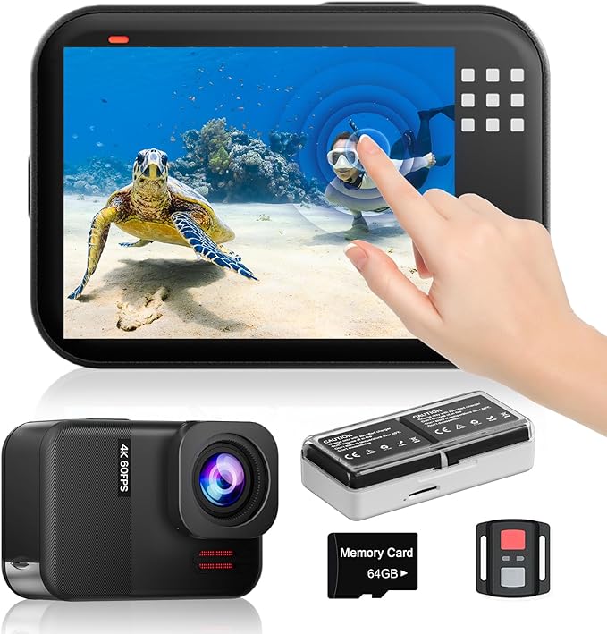 TIMNUT 4K60fps Waterproof Action Camera- Bare Metal Underwater 10M with 64G SD Card, HD 48MP Touchscreen Sports 6-Axis Sta...
