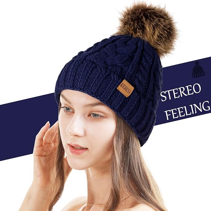 REDESS Women Winter Pompom Beanie Hat with Warm Fleece Lined, Thick Slouchy Snow Knit Skull Ski Cap