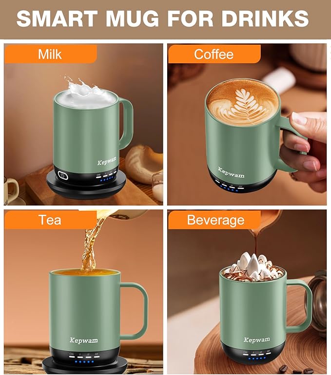 Kepwam Self Heating Coffee Mug T1-16oz Fast Heating & Ultra Long-Lasting Battery Life, Heated Coffee Mug Up to 149℉ - Touch & App Controlled Coffee Mug, Birthday Gifts for Women and Men
