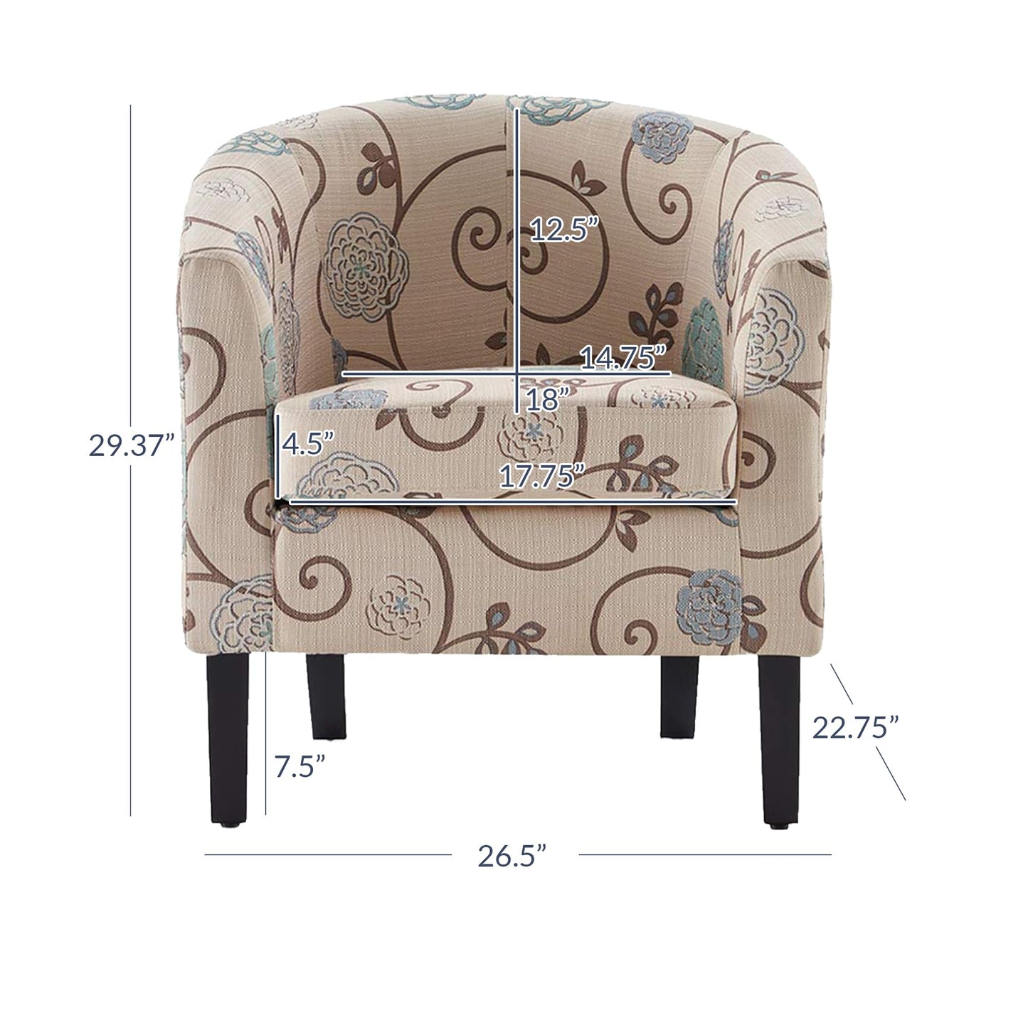 BELLEZE Living Room Chair, Linen Round Accent Barrel Chair, Club Tub Sofa Chair for Bedroom, Corner Chair with Flared Legs and Cozy Soft Padding - Highland (Floral Print)