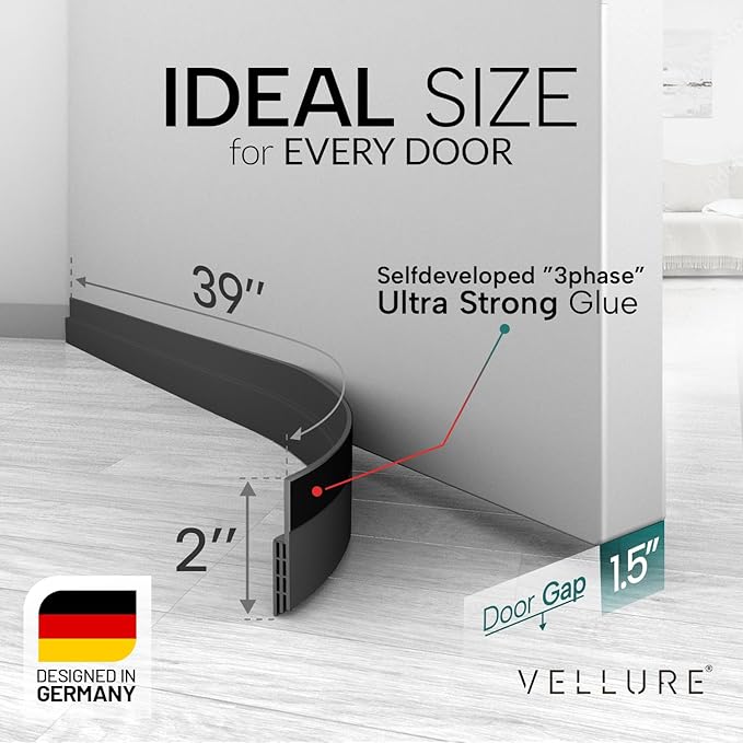 Vellure® Door Draft Stopper for Bottom of Door - Premium Door Sweep for Bottom of Door/Weather Stripping Door Seal (Save Energy – installs Quickly and Easily) Door Strip (5, Black)