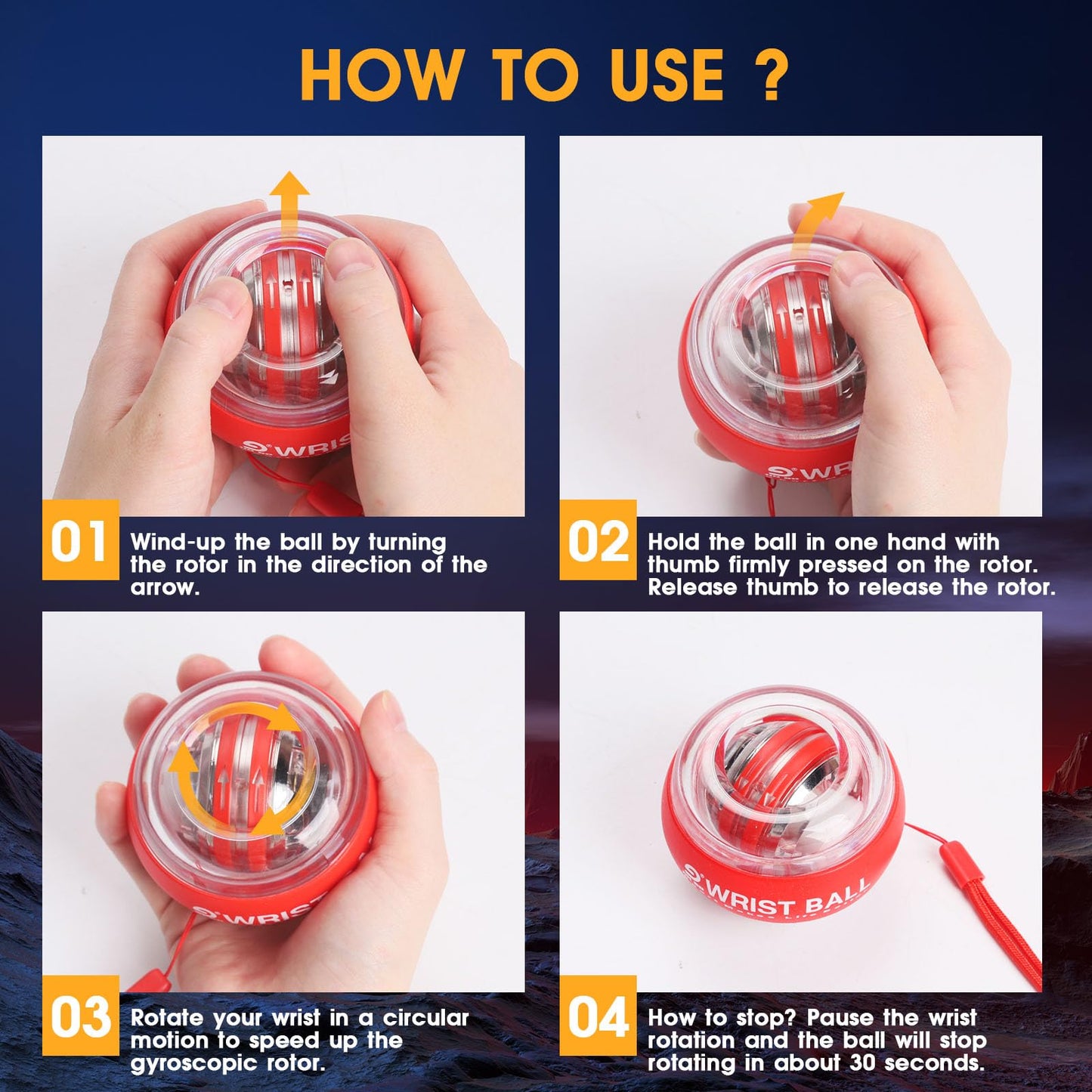JIN BD Wrist Trainer Ball Auto-Start Wrist Strengthener Gyroscopic Forearm Exerciser Gyro Ball for Strengthen Arms, Fingers, Wrist Bones and Muscles with LED Light, Red