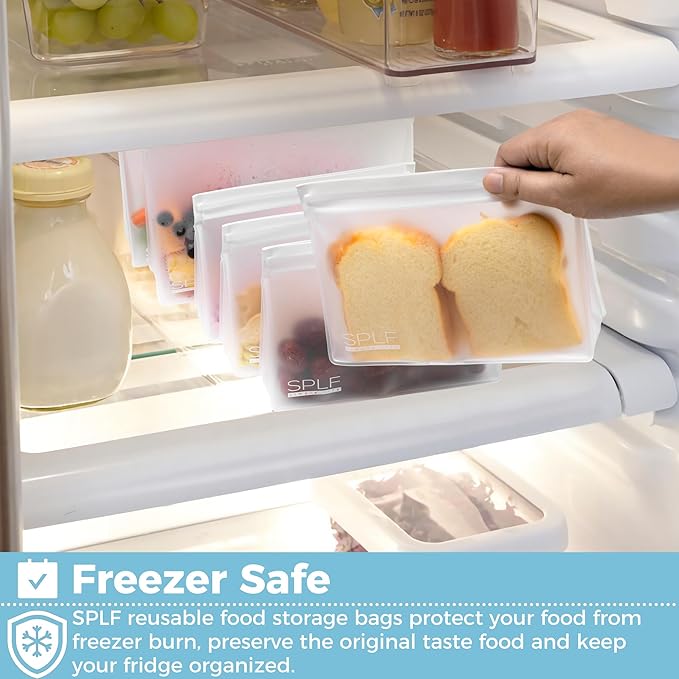 SPLF 6 Pack Reusable Half Gallon Freezer Bags, Reusable Food Storage Bags, Bpa Free Stand Up Extra Thick Leakproof Silicone and Plastic Free Zipper Sandwich Snack Lunch Bags